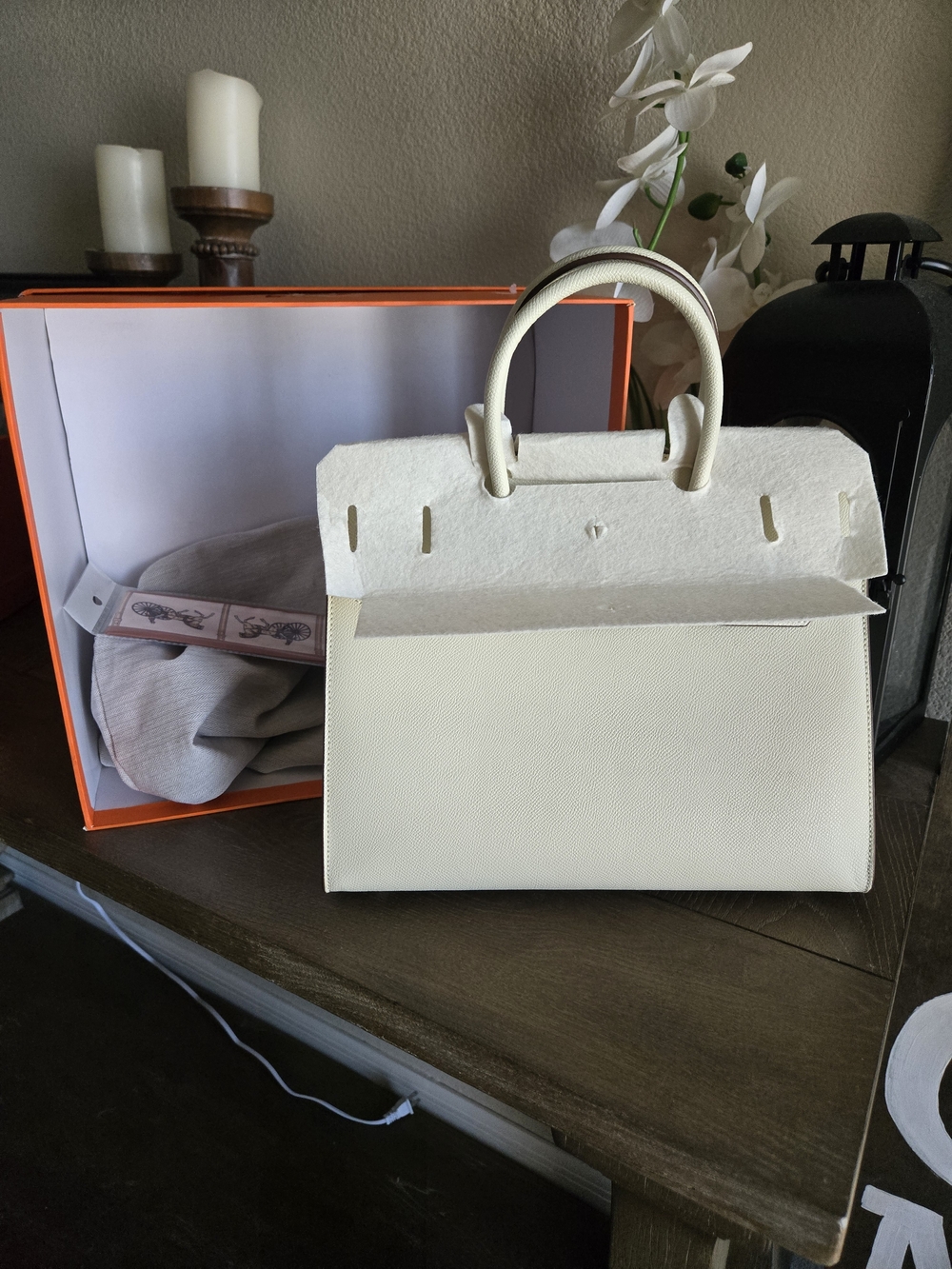 Cream Birkin-Structured Top-Handle Tote Bag with Gold Hardware - Picture 2 of 8